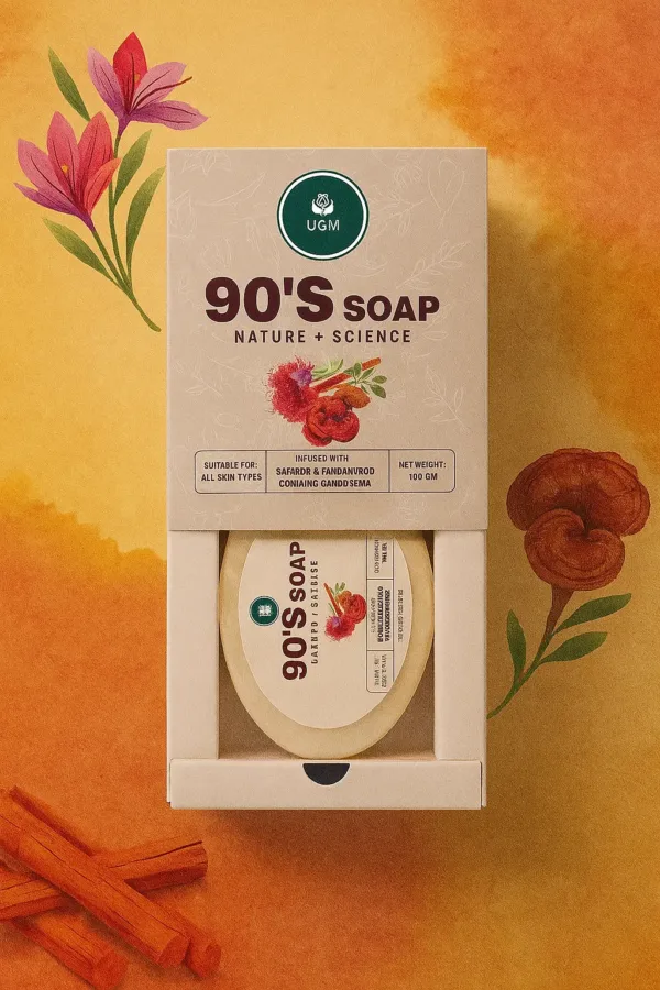 UGM 90’s Soap – Saffron & Sandalwood Infused with Ganoderma | Natural Brightening Soap for All Skin Types (100 gm) - Image 2