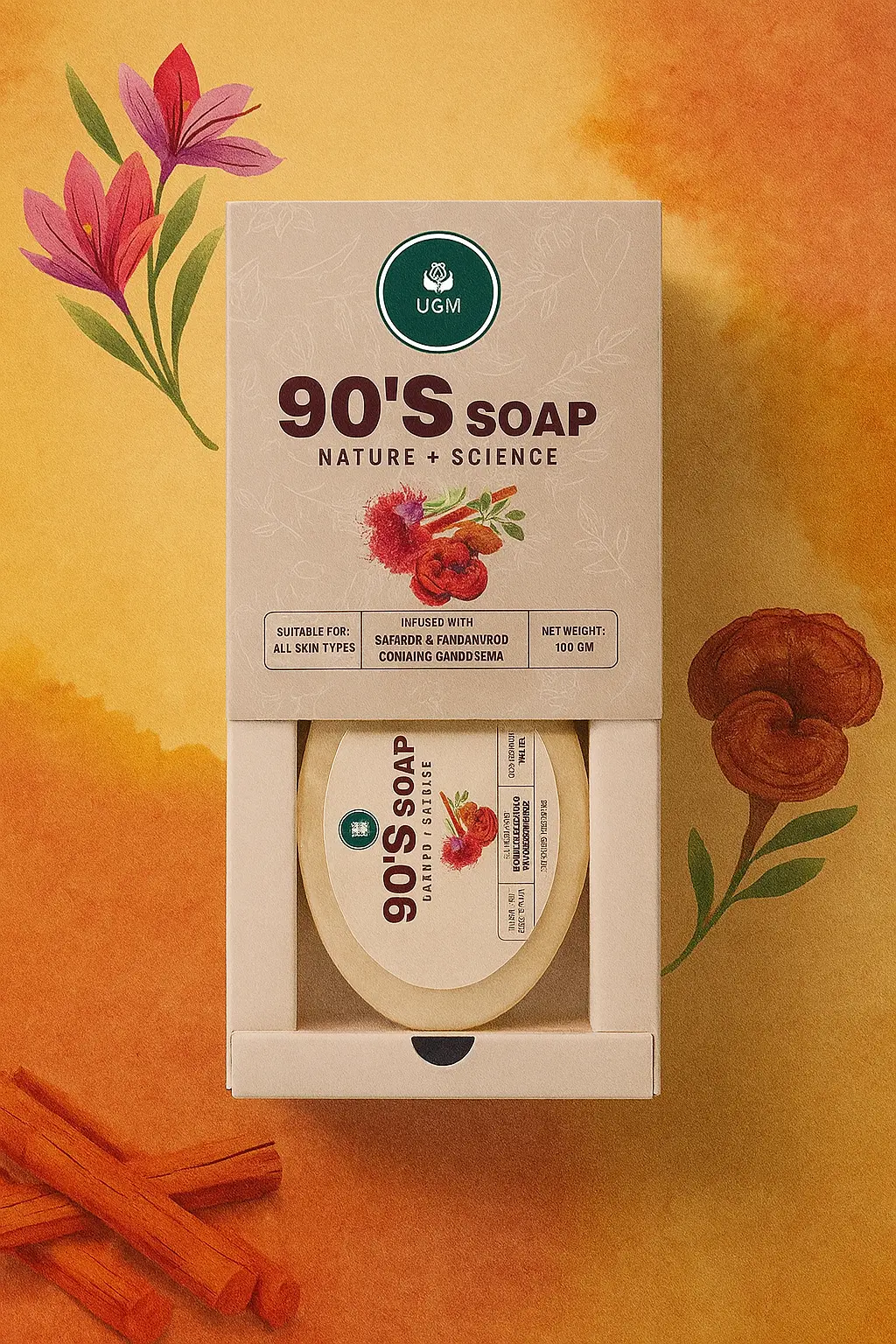 UGM 90’s Soap – Saffron & Sandalwood Infused with Ganoderma | Natural Brightening Soap for All Skin Types (100 gm) - Image 2