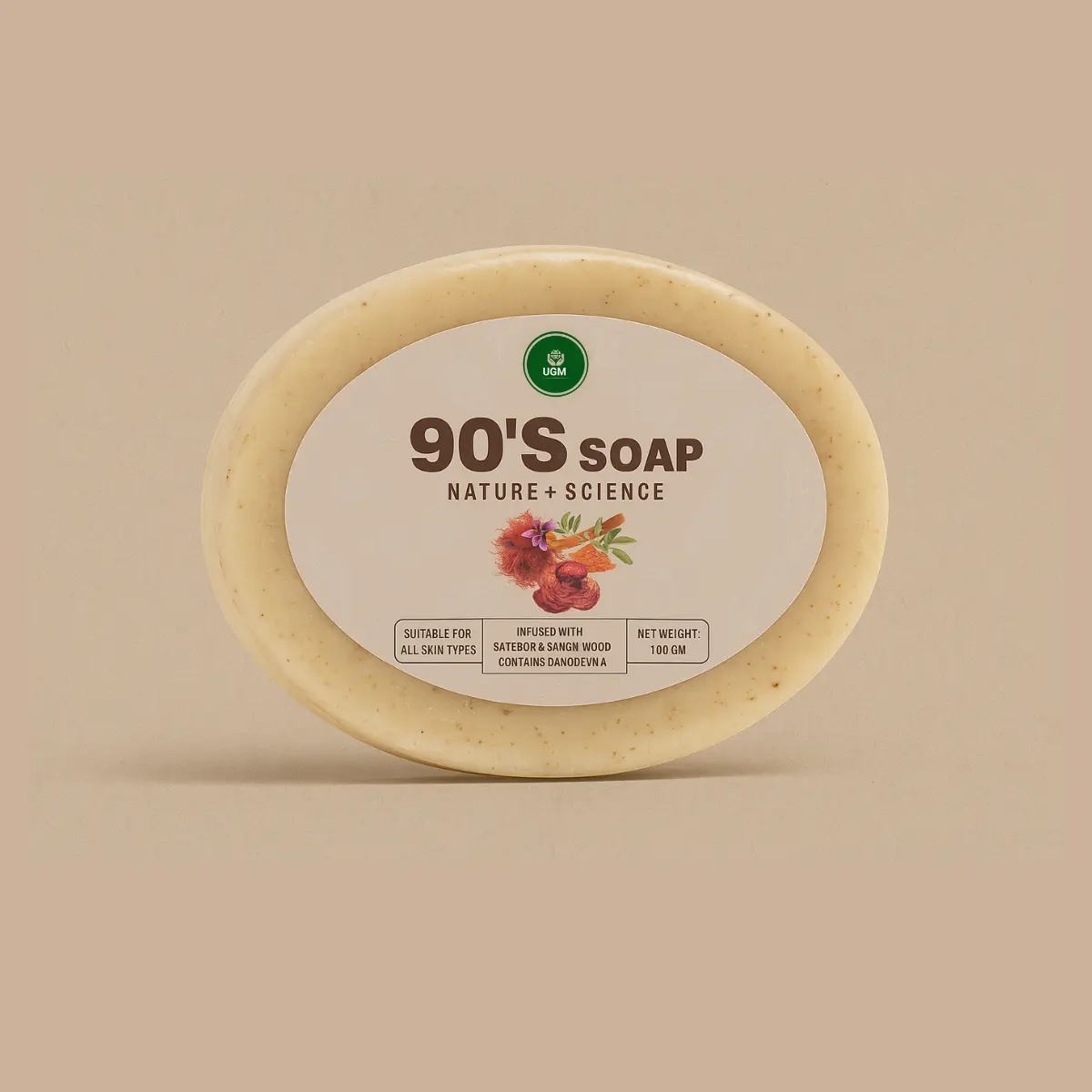 UGM 90’s Soap – Saffron & Sandalwood Infused with Ganoderma | Natural Brightening Soap for All Skin Types (100 gm) - Image 3